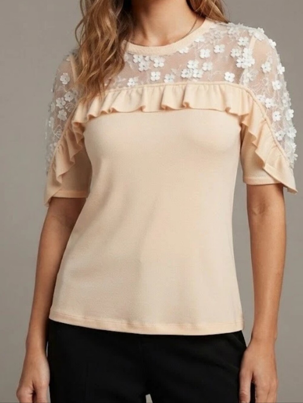 Elie Tahari Floral Appliqué Ruffle Yoke Top Cream XL Fine Merino Wool Romantic